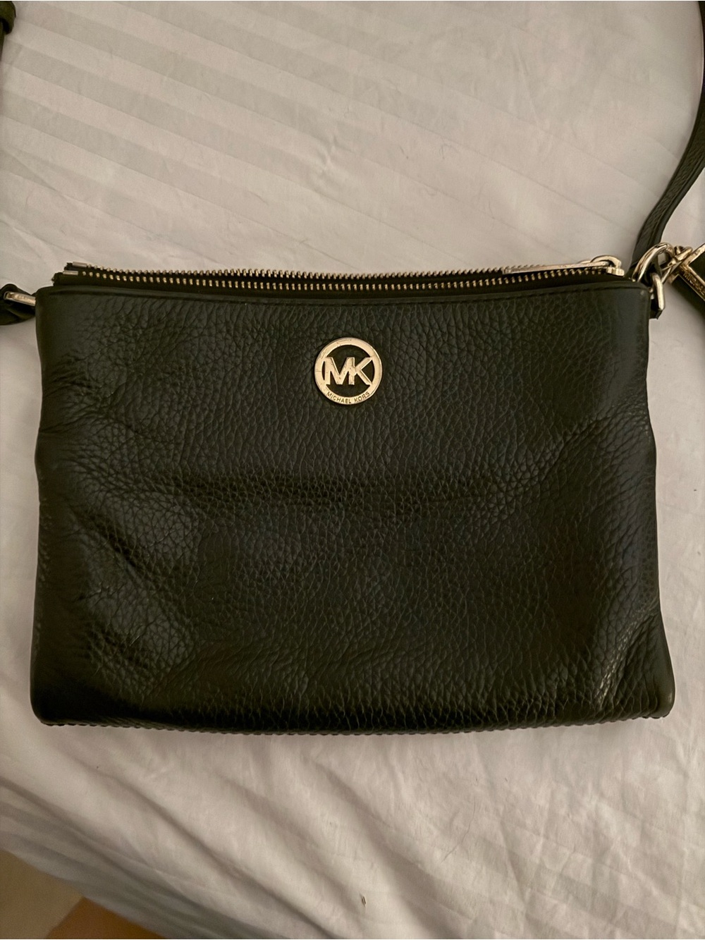 Michael Kors Black Pebbled Leather Double-Zip Crossbody with Gold MK Emblem